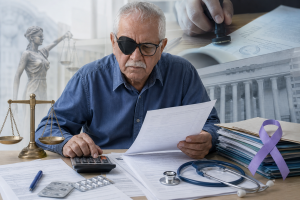 Homem idoso com tapa-olho analisando documentos e calculando despesas médicas em uma mesa, com símbolos de justiça ao fundo