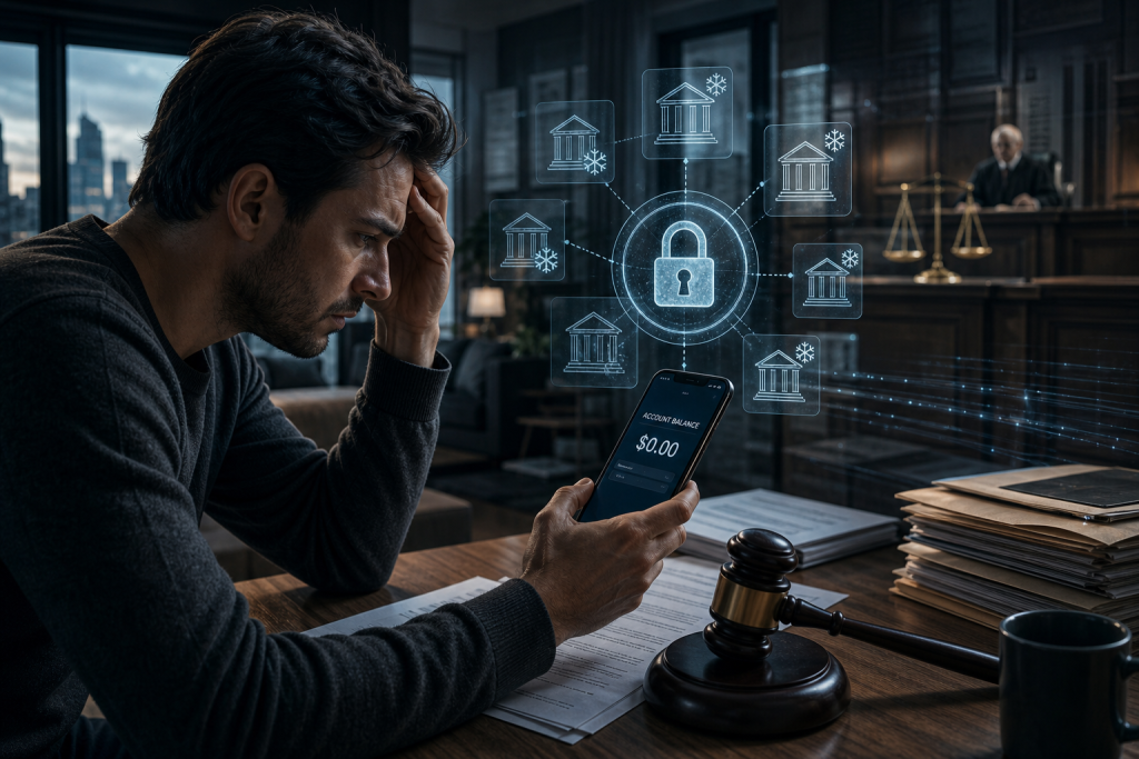 Homem preocupado em um escritório de advocacia, olhando o saldo zerado no celular, com ícones de bancos bloqueados ao redor